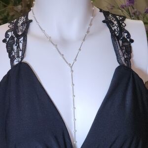 Vintage Faux Pearl Y Necklace Silver Toned Chain